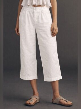 Loft Linen 14 Petite Lined Crop White Dress Coastal Wide Leg Classy Relax Pants